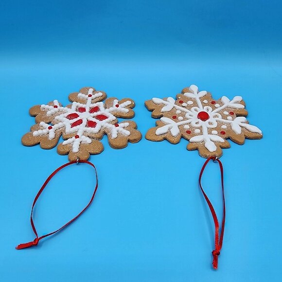 Gingerbread Snowflake Faux Frosted Cookie Ornaments Set Of 2 Fake Bake [v1 - Picture 3 of 7